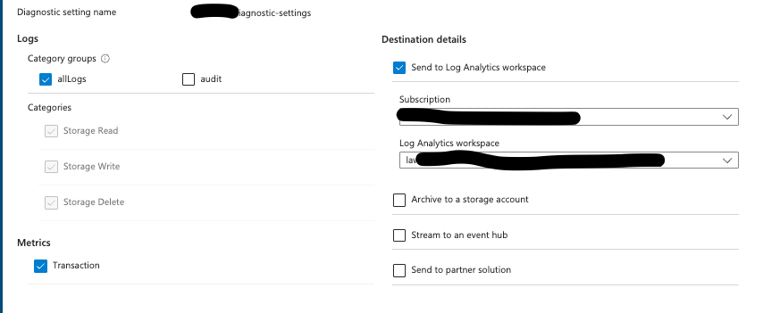 Azure Storage Account: Diagnostic Settings: Category Group "allLogs"